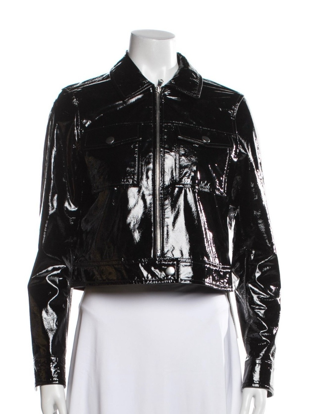 L’AGENCE Black Patent lamb leather Zip-Front Cropped Jacket